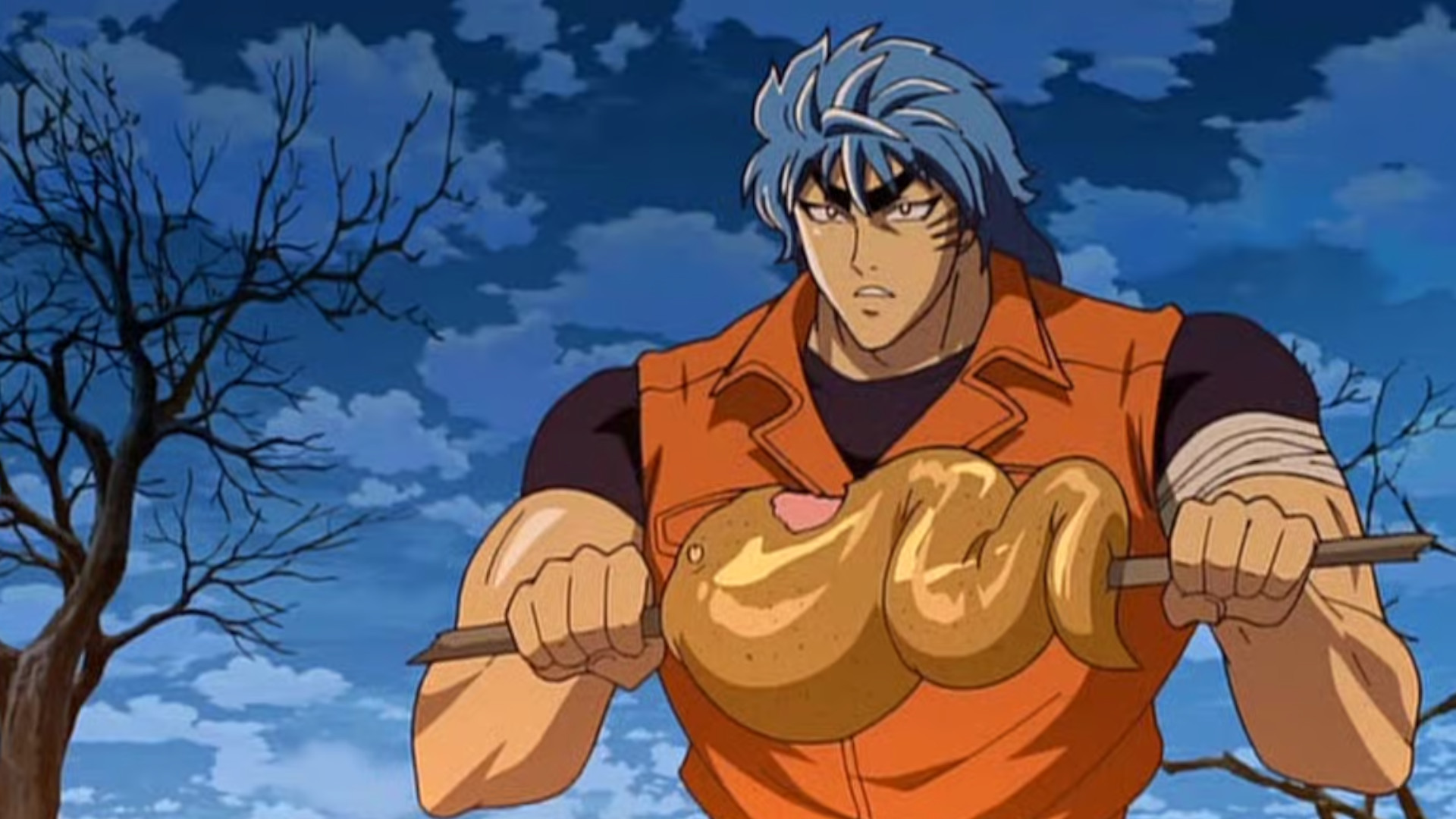Toriko holding a massive piece of meat on a stick during the anime Toriko