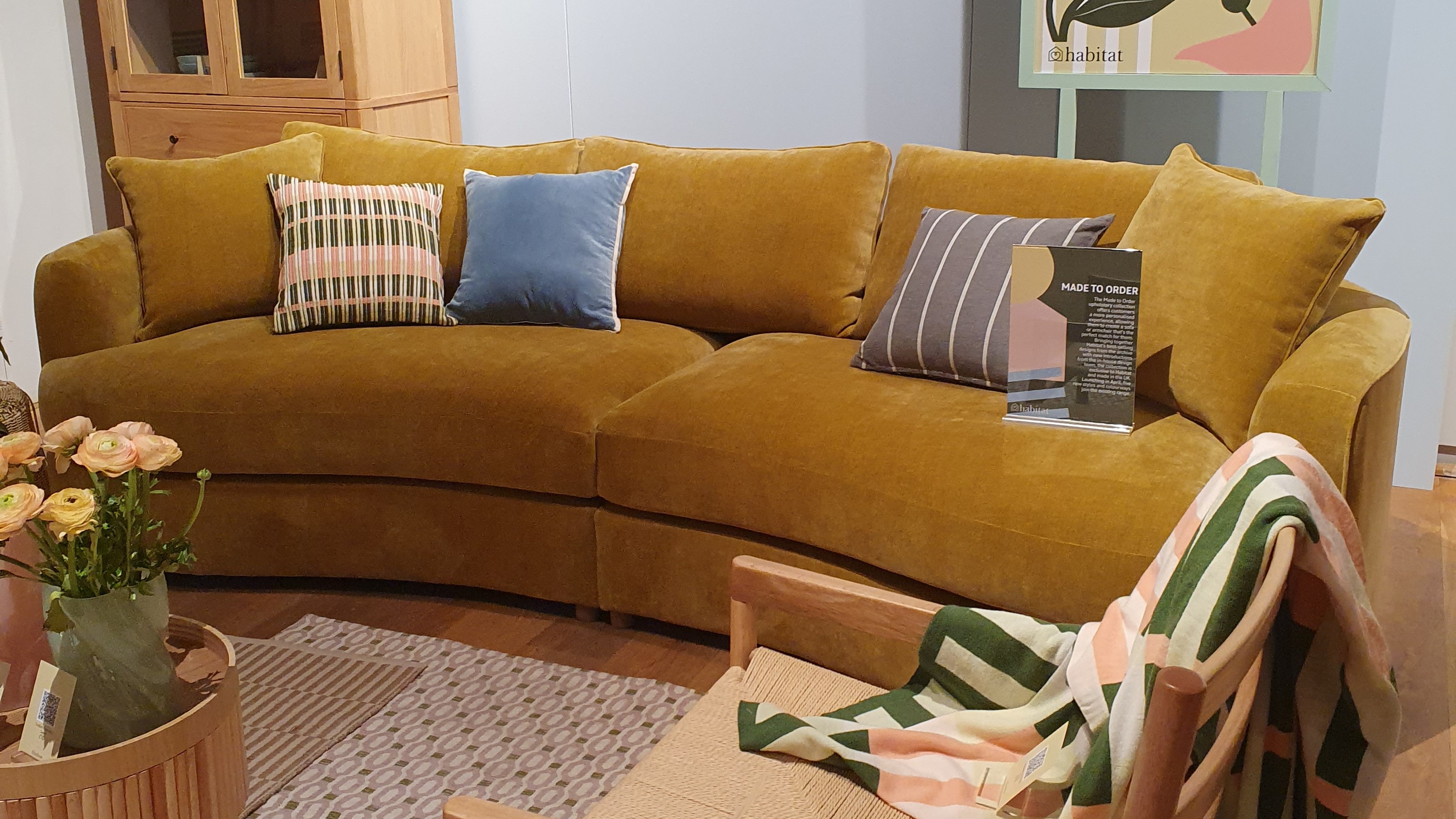 The new 4 seater made-to-order Sacha sofa in a gold chenille finish at the Habitat spring/summer 2025 press showcase