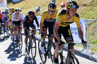 ORCIERES FRANCE SEPTEMBER 01 Sepp Kuss of The United States and Team Jumbo Visma Primoz Roglic of Slovenia and Team Jumbo Visma Egan Arley Bernal Gomez of Colombia and Team INEOS Grenadiers Tadej Pogacar of Slovenia and UAE Team Emirates Julian Alaphilippe of France and Team Deceuninck QuickStep Yellow Leader Jersey Peloton during the 107th Tour de France 2020 Stage 4 a 1605km stage from Sisteron to OrcieresMerlette 1825m TDF2020 LeTour on September 01 2020 in Orcieres France Photo by Tim de WaeleGetty Images