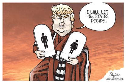 Political Cartoon U.S. President Trump Transgender bathroom law Ten Commandments