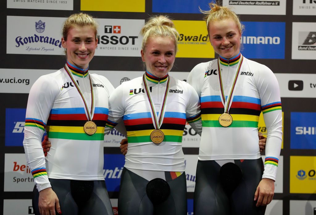 Germanys Emma Hinze Germanys Pauline Sophie Grabosch and Germanys Lea Sophie Friedrich celebrate Gold after the Womens Team Sprint at the UCI track cycling World Championship in Berlin on February 26 2020 Photo by Odd ANDERSEN AFP Photo by ODD ANDERSENAFP via Getty Images