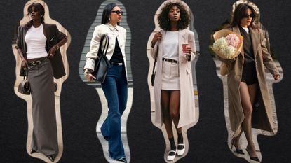 a collage of women wearing classic outfit ideas