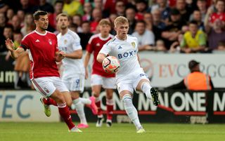 oseph Geldhart of Leeds United clears the ball upfield during the pre-season friendly match between Nottingham Forest and Leeds United at the Pirelli Stadium on July 27, 2023 in Burton-upon-Trent, England. (Photo by David Rogers/Getty Images)