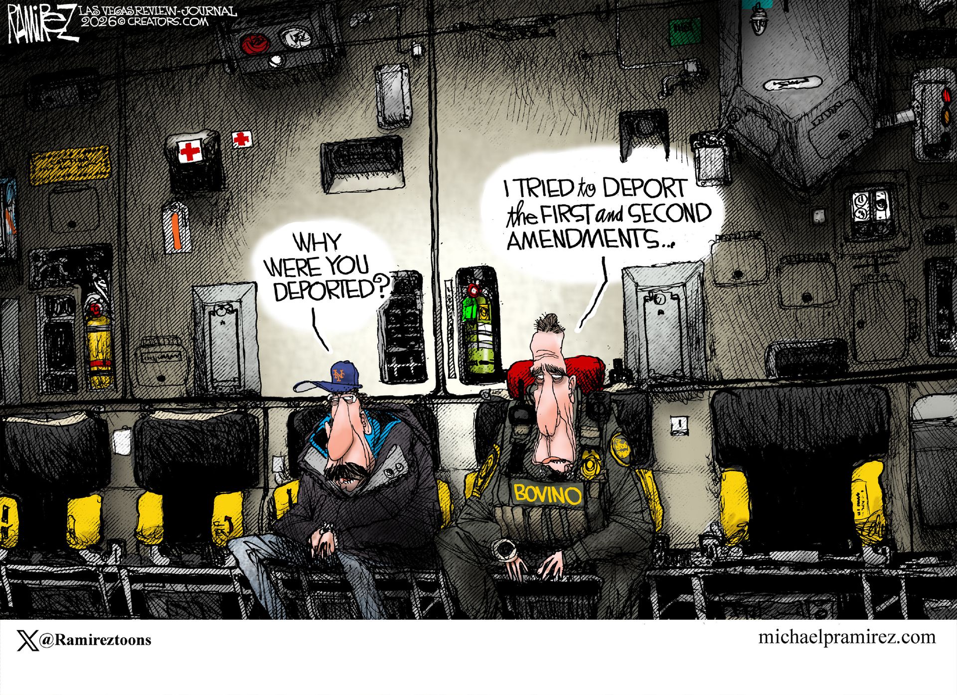 
                                A glum-looking Greg Bovino sits in a chair inside what looks like an airplane used by the Trump administration to deport people. A man next to him in a NY Mets cap asks, “What were you deported?” Bovino answers, “I tried to deport the first and second amendments.”
                            