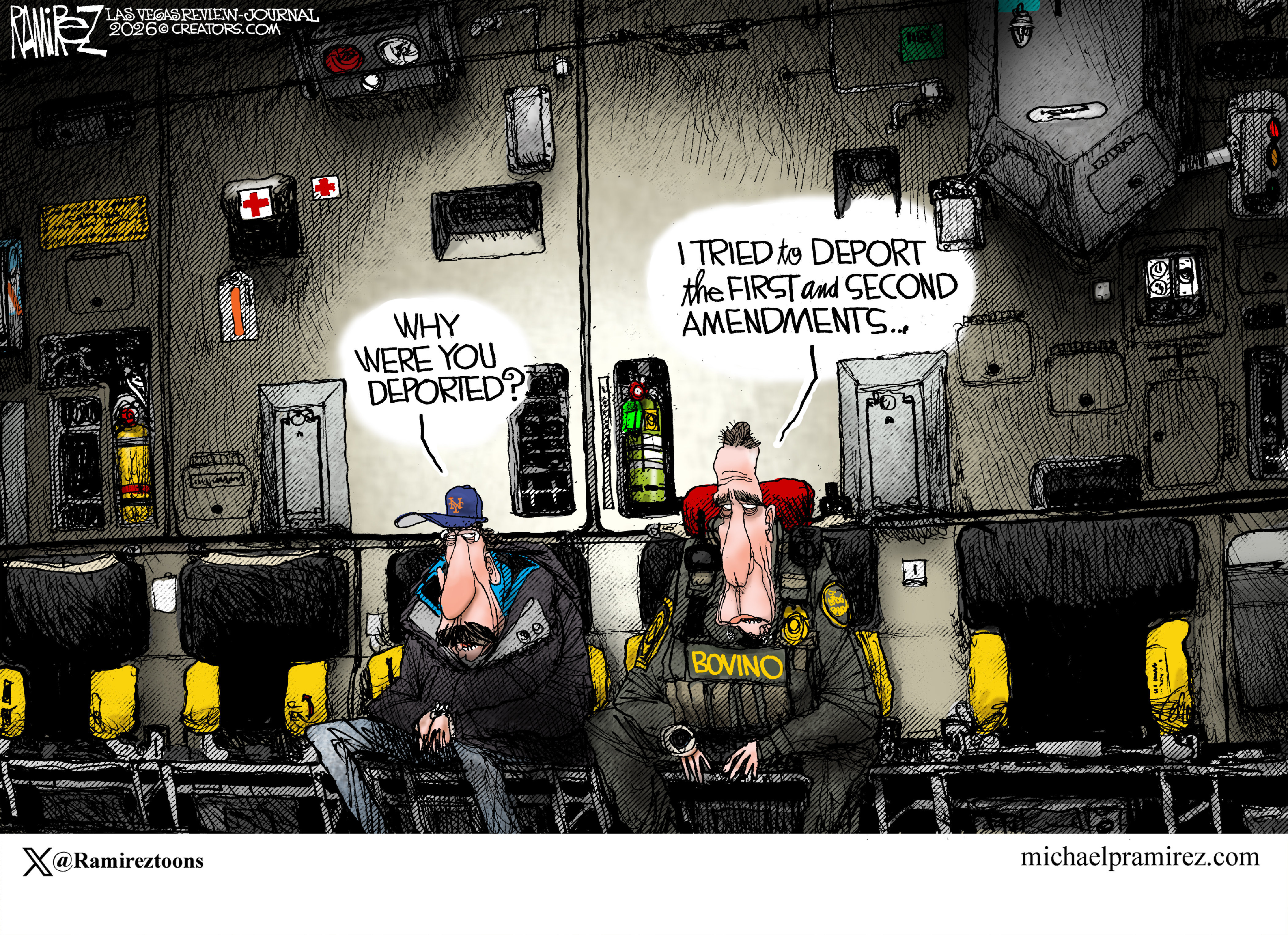 A glum-looking Greg Bovino sits in a chair inside what looks like an airplane used by the Trump administration to deport people. A man next to him in a NY Mets cap asks, &amp;ldquo;What were you deported?&amp;rdquo; Bovino answers, &amp;ldquo;I tried to deport the first and second amendments.&amp;rdquo;