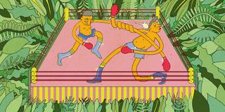 Drawing by Toby Hawksley showing two cartoonish boxers fighting in a ring