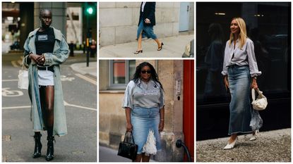 four images of women wearing denim skirts, a white mini denim skirt, blue midi denim skirt, and blue long maxi skirt