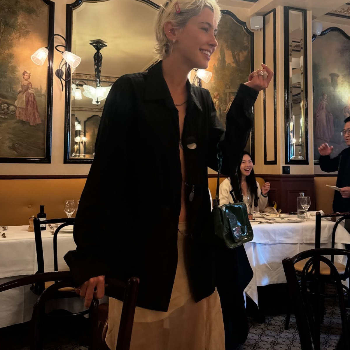 The knee length skirt trend on Iris Law.