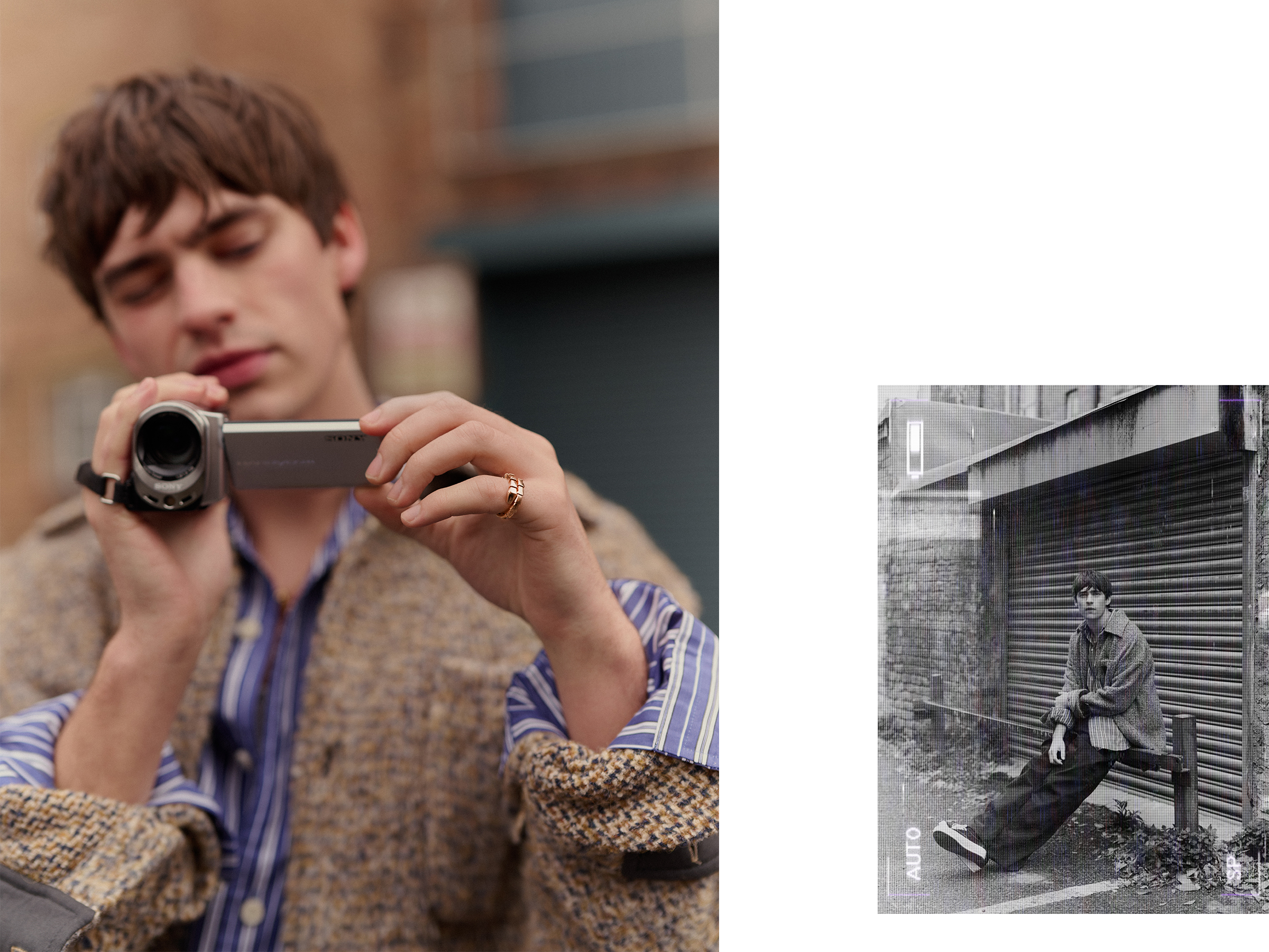 On the left, Spike Fearn squints looking into a camcorder he is holding. He is wearing a tweed coat over a white and blue stripe button-down shirt. On the right, Fearn sits on a bench outside.