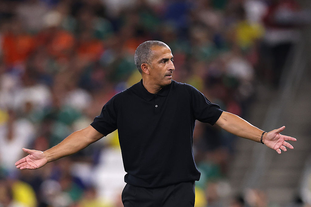 Sabri Lamouchi, Head Coach of Tunisia, reacts during the FIFA World Cup 2026 Group F match between Sweden and Tunisia at Monterrey Stadium on June 14, 2026 in Monterrey, Mexico.