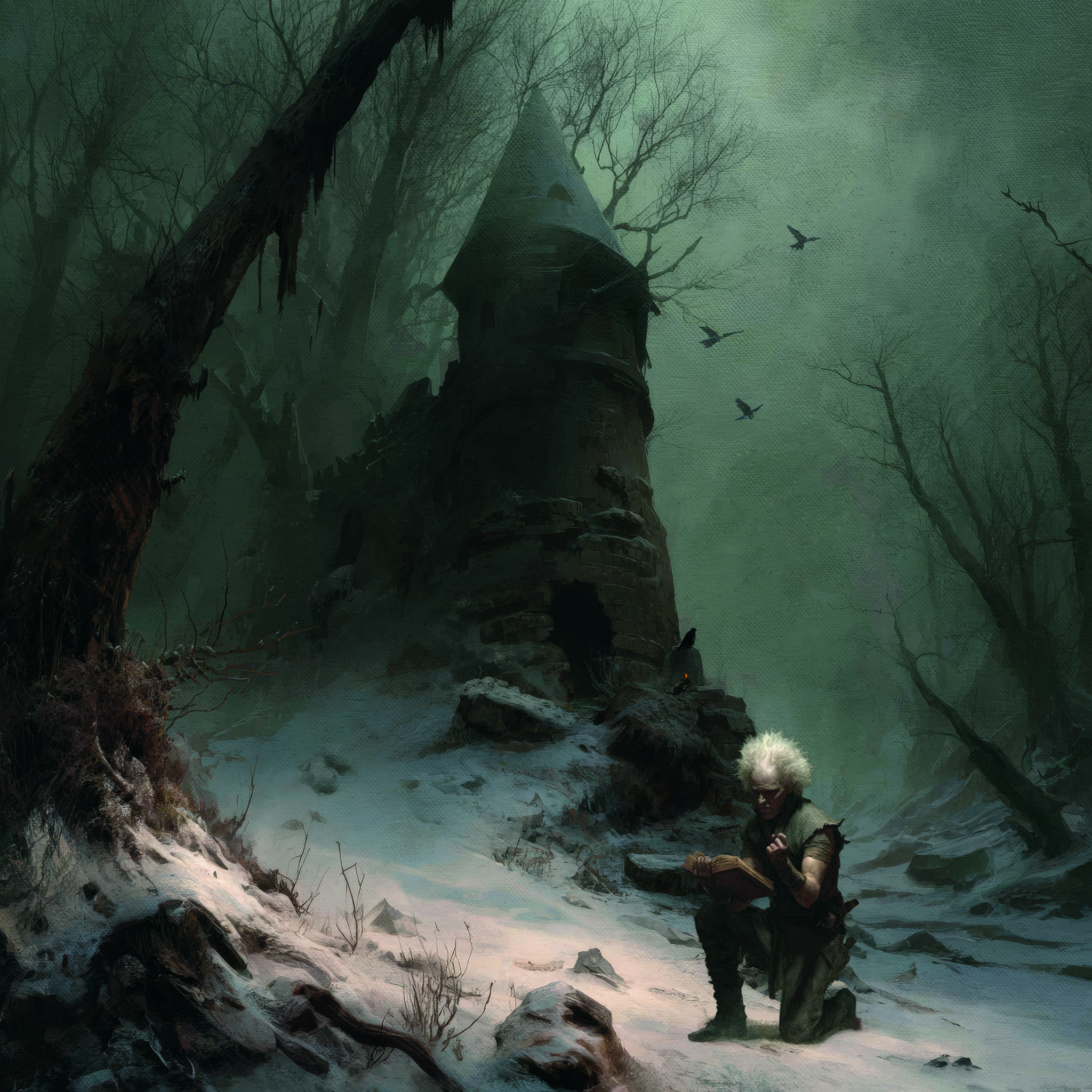 Dark digital art showing a fantasy character kneeling in front of a foreboding tower