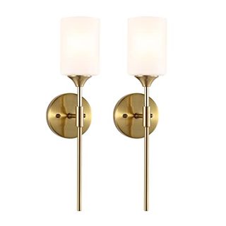 Byoliima Gold Wall Sconce Set of 2 With White Cylinder Glass Shades Modern Mid Century Bathroom Vanity Wall Light Fixtures Industrial Brushed Brass Wall Lamp for Bedroom Mirror Living Room Restaurant