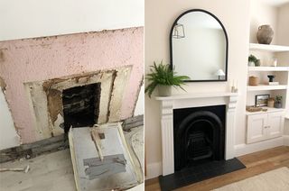 A before picture of the fireplace area with hole in the wall and no surround alongside an after picture with the black cast iron insert in place and a painted fire surround
