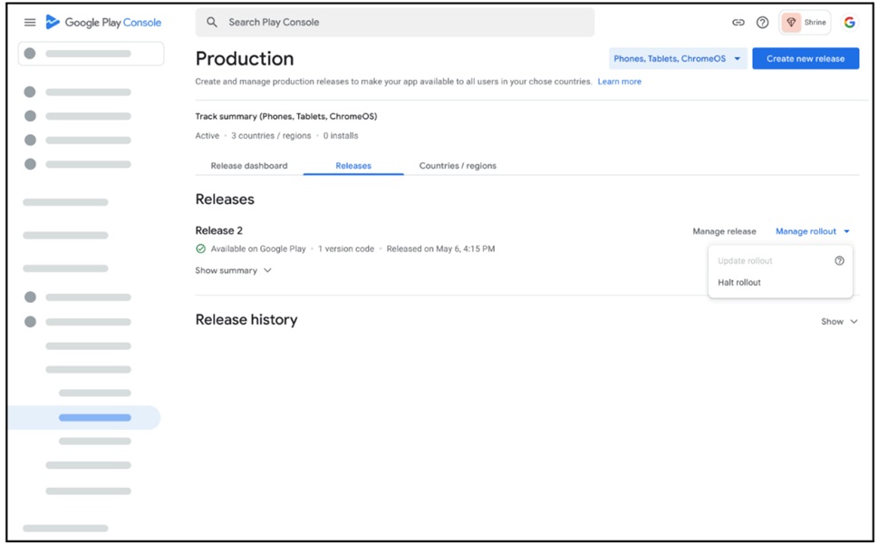 Google's Production page in the Play Store shows a developer a way to "Halt" an update rollout if there are problems.