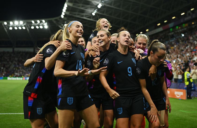 Chloe Kelly and the England Lionesses celebrate their comeback semi-final triumph over Italy