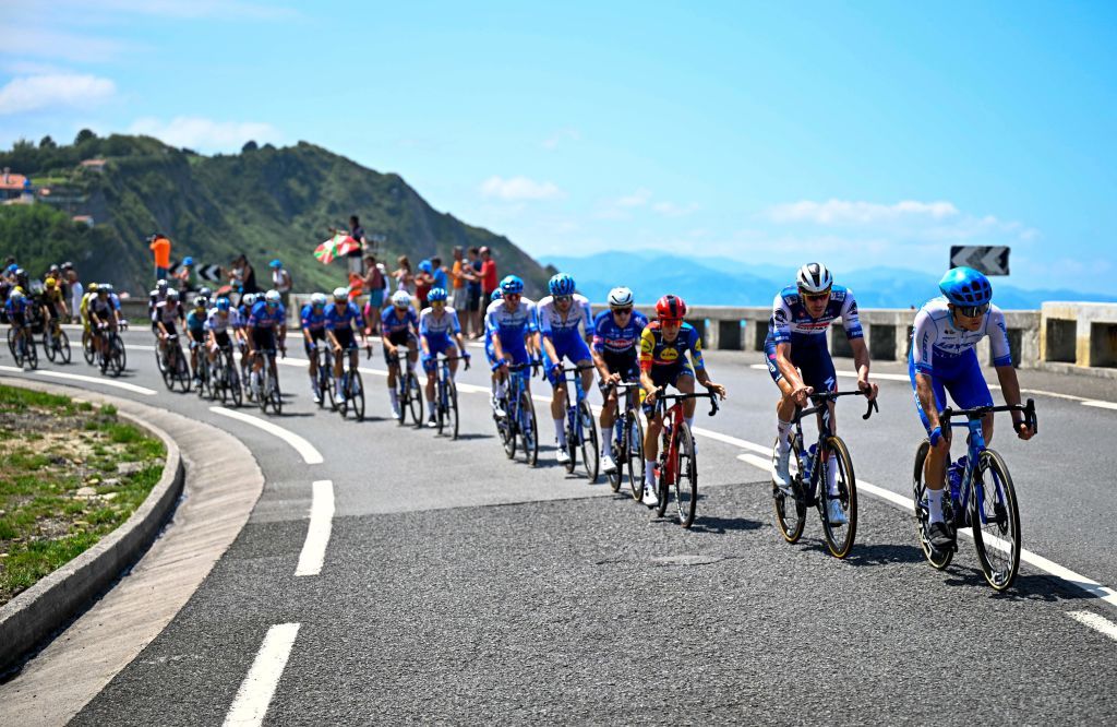 The pack of riders pictured in action during the third stage of the Tour de France cycling race a 1874 km race from AmorebietaEtxano to Bayonne France Monday 03 July 2023 This years Tour de France takes place from 01 to 23 July 2023 BELGA PHOTO JASPER JACOBS Photo by JASPER JACOBS BELGA MAG Belga via AFP Photo by JASPER JACOBSBELGA MAGAFP via Getty Images