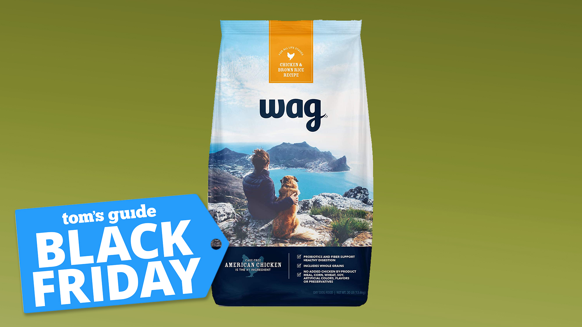 amazon wag dog food bag on green background with black friday tag