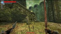 In a first person view a character wields a knife and sword while facing a skeleton.