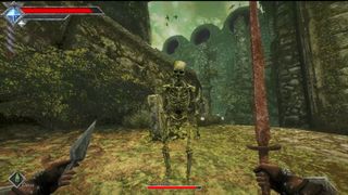 In a first person view a character wields a knife and sword while facing a skeleton.