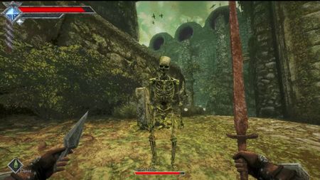 In a first person view a character wields a knife and sword while facing a skeleton.