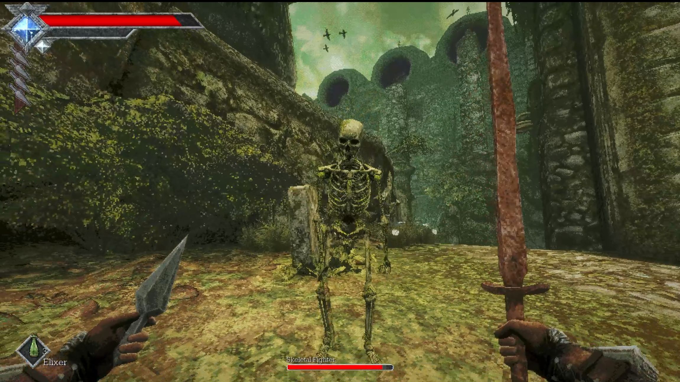 In a first person view a character wields a knife and sword while facing a skeleton.