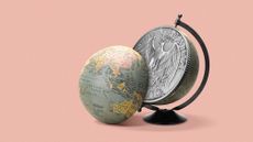 Illustration of a globe sliced in half to reveal a quarter dollar coin