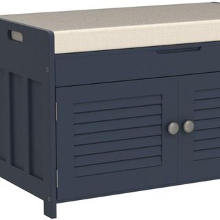 dark blue Shaker style bench seating with cushioned top and shelving underneath