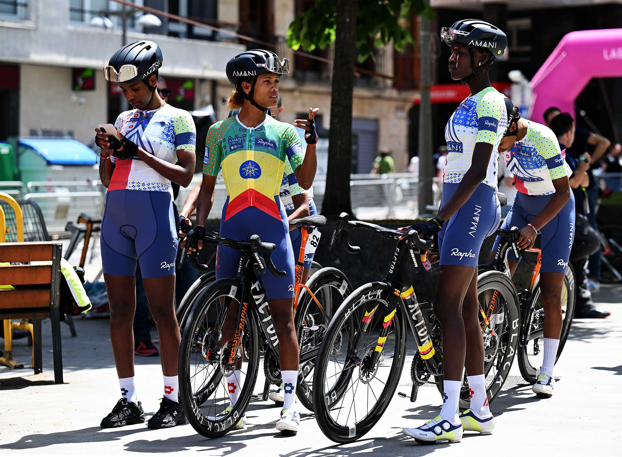 Fkadu Brhan Abrha of Ethiopia, Haftu Eyerusalem Reda of Ethiopia and Xaverine Nirere of Rwanda and Team Amani prior to the 25th Durango - Durango Emakumeen Saria 2026.
