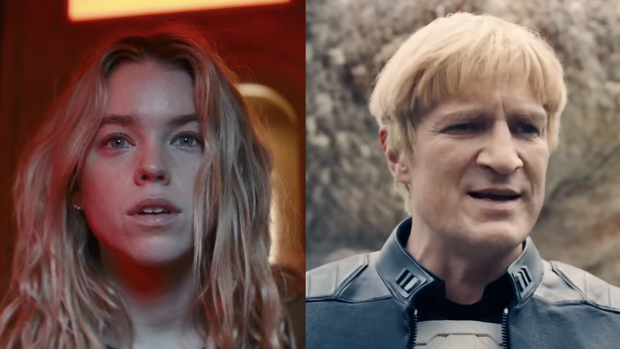 Milly Alcock in Supergirl and Nathan Fillion in Superman side by side.