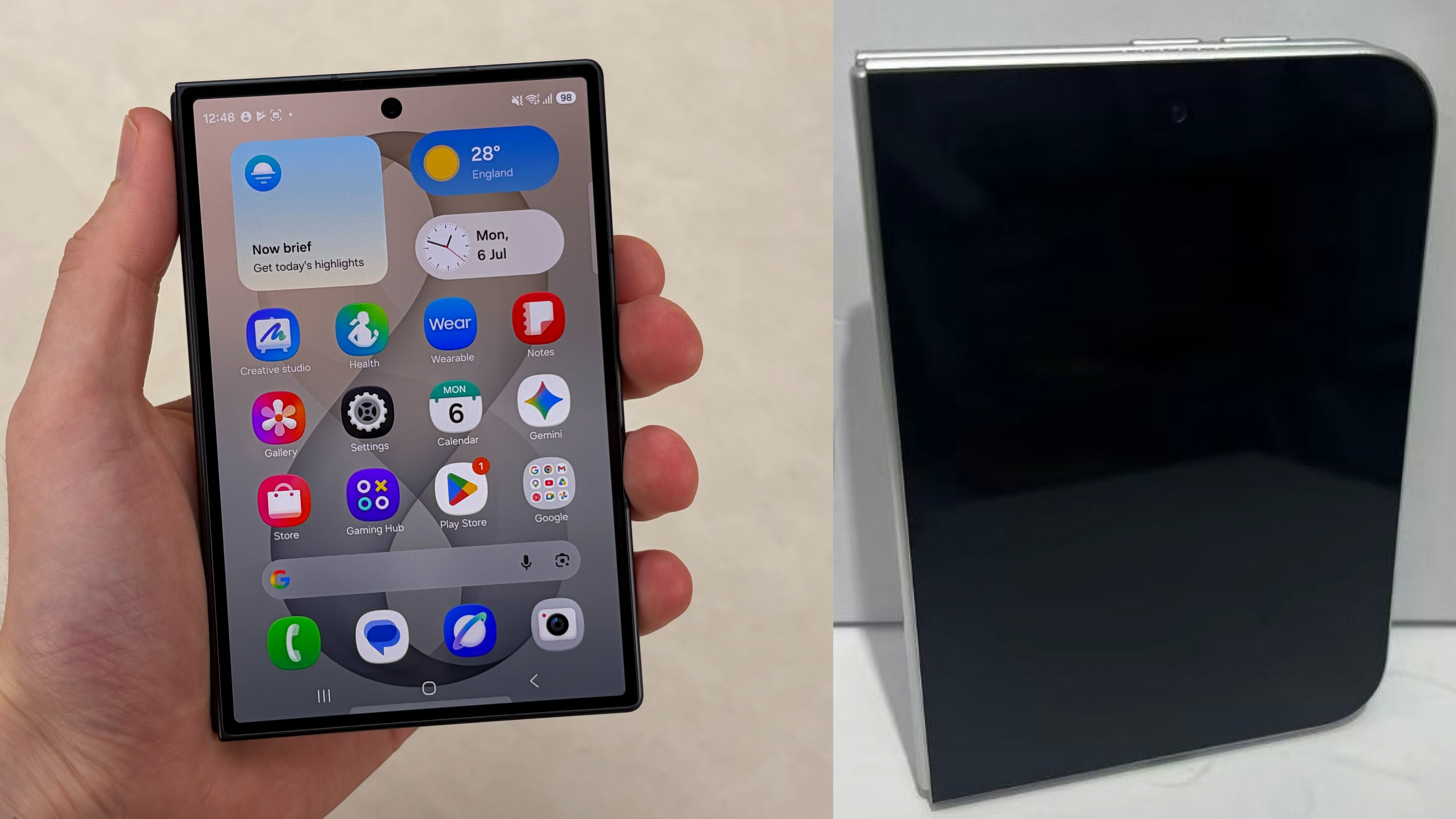 The Samsung Galaxy Z Fold 8 (left) and an iPhone Ultra dummy unit (right)