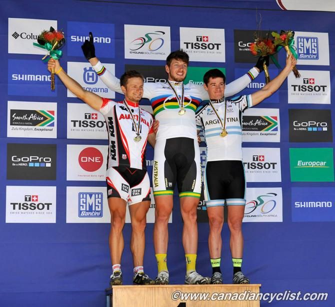 Men's eliminator world championship podium: Daniel Federspiel, Paul van der Ploeg, Catriel Andres Soto