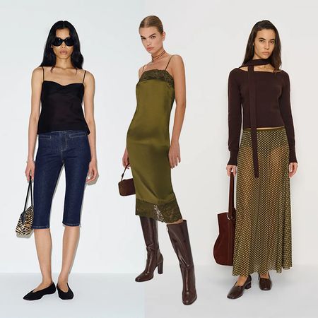 One Model is wearing a green silky lace-trimmed dress with boots. Another is wearing black flats, black top, and capri jeans, and the last is wearing a brown shirt and a sheer skirt. 
