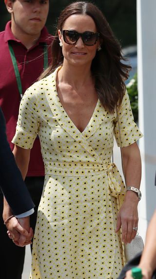 Pippa Middleton attends Wimbledon 2019 wearing a yellow floral dress