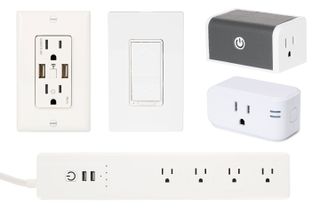 Various smart home power products on display on a white background