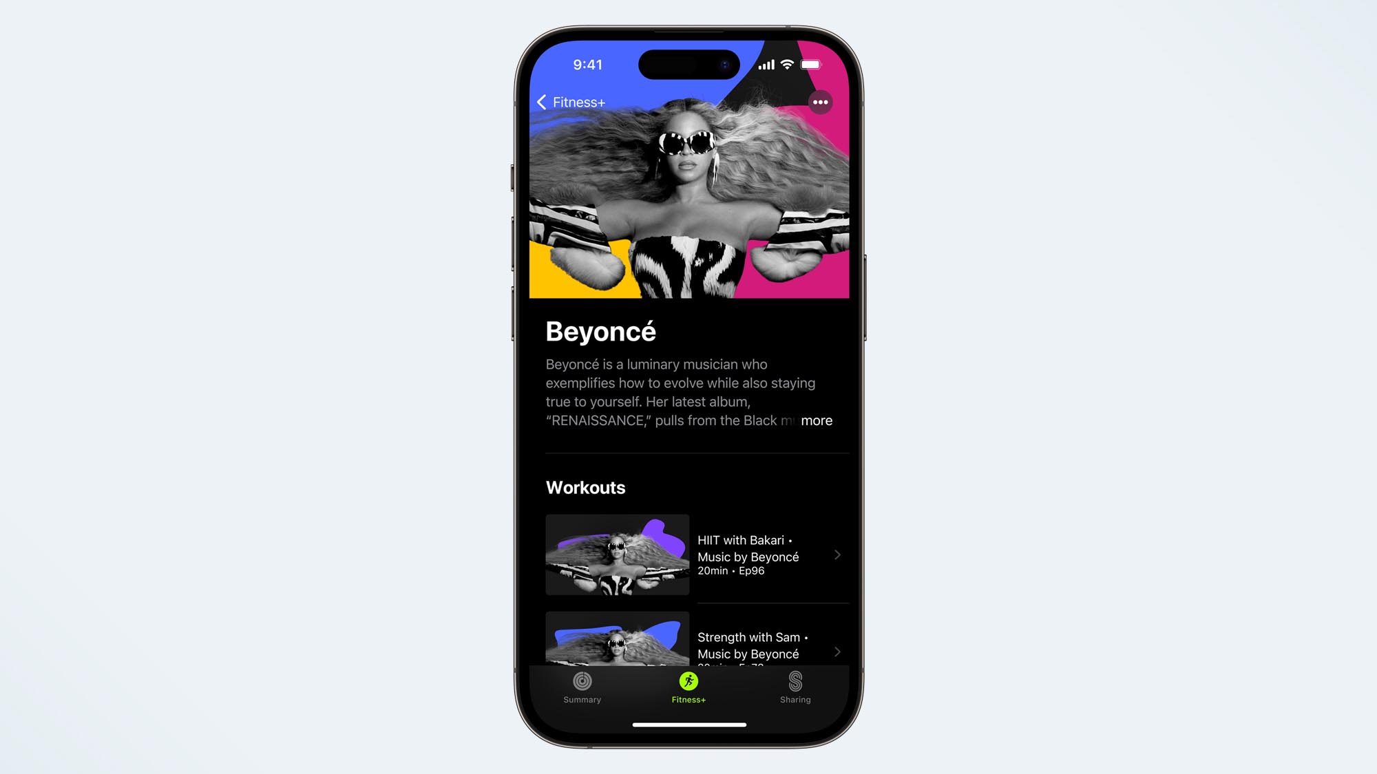 una foto del foco de Beyoncé en la plataforma Apple Fitness Plus