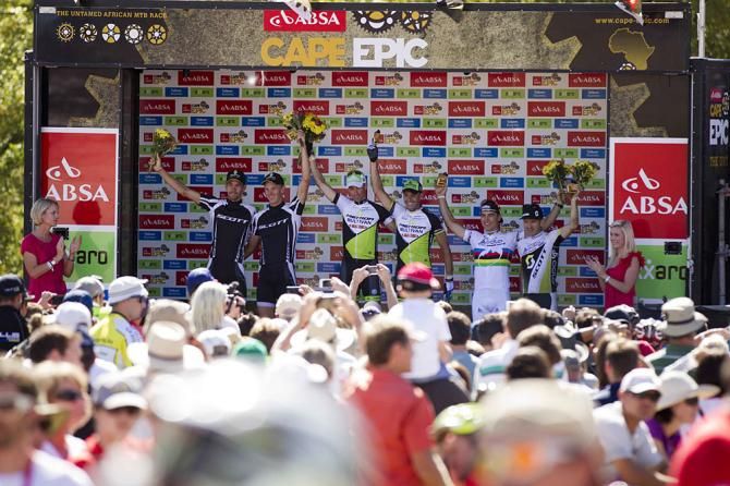 Final stage podium (L to R): Philip Buys &amp; Mathys Beukes (2nd), Rudi Van Houts &amp; Jose Hermida of Multivan Merida (1st), Nino Schurter &amp; Florian Vogel of Scott-Swisspower (3rd)