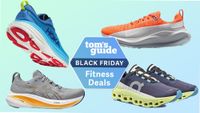 a selection of running shoes from Nike, On, Asics and Hoka and a Tom's Guide Black Friday fitness deals badge in the centre