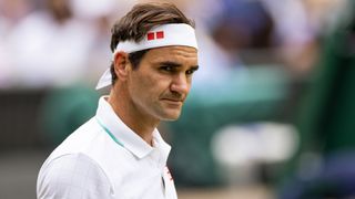 Roger Federer of Switzerland in action during the Men's Singles Quarter Final at Wimbledon
