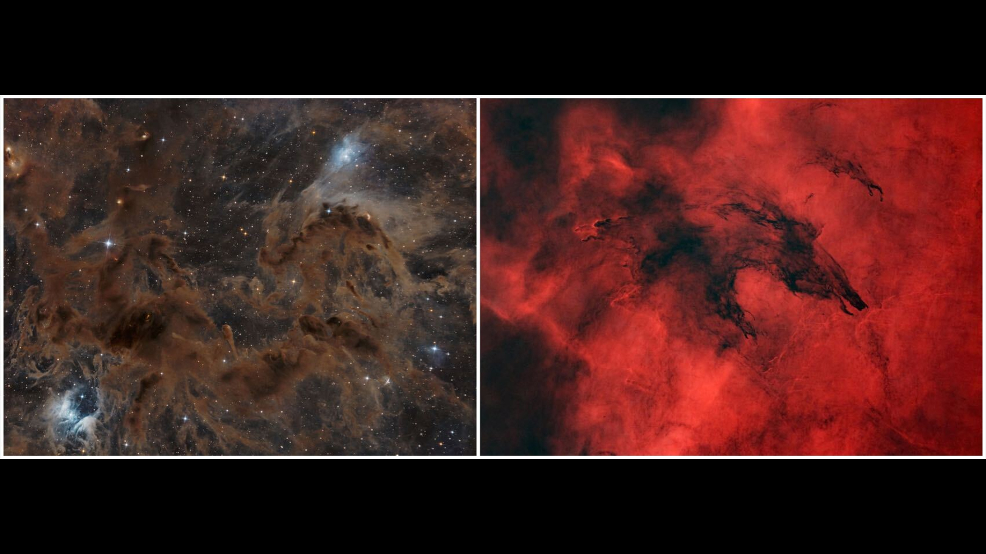 Photograph of a nebula with brown hues; Photograph of a nebula with red hues