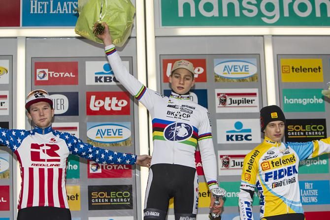 The Superprestige Diegem junior podium: Logan Owen, Mathieu van der Poel, Quinten Hermans
