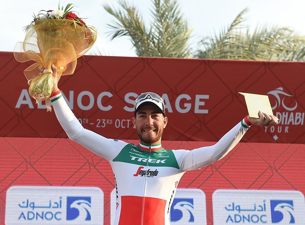 Giacomo Nizzolo on the podium after winning stage 1 at 2016 Abu Dhabi Tour