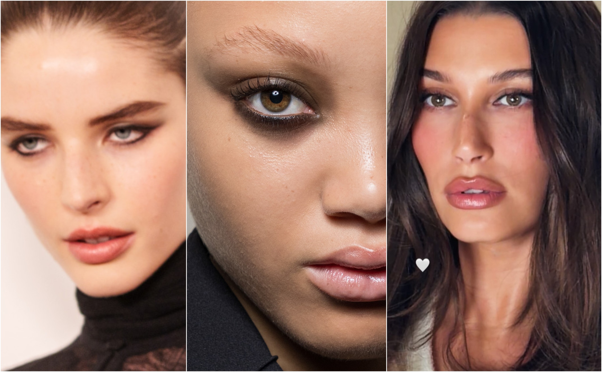Smudgy dark liner and smoky shadow in three side-by-side looks, heavier brown shadow under the eye in the middle, softer winged makeup on the right