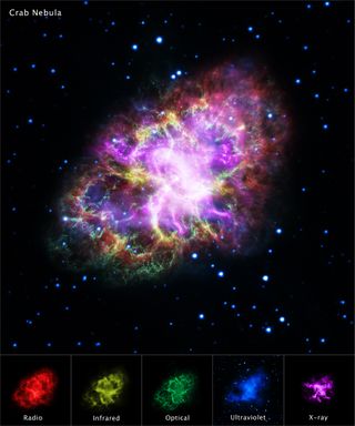 This image of the Crab Nebula combines data from five different telescopes: Radio observations from the Karl G. Jansky Very Large Array (red); infrared from the Spitzer Space Telescope (yellow); visible light from the Hubble Space Telescope (green); ultraviolet from the XMM-Newton space telescope (blue); and X-ray from the Chandra X-ray Observatory (purple). 