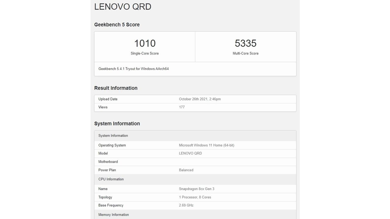 Snapdragon 8cx 3rd gen benchmark scores
