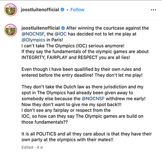 A screenshot of Joost Luiten's instagram post about the IOC