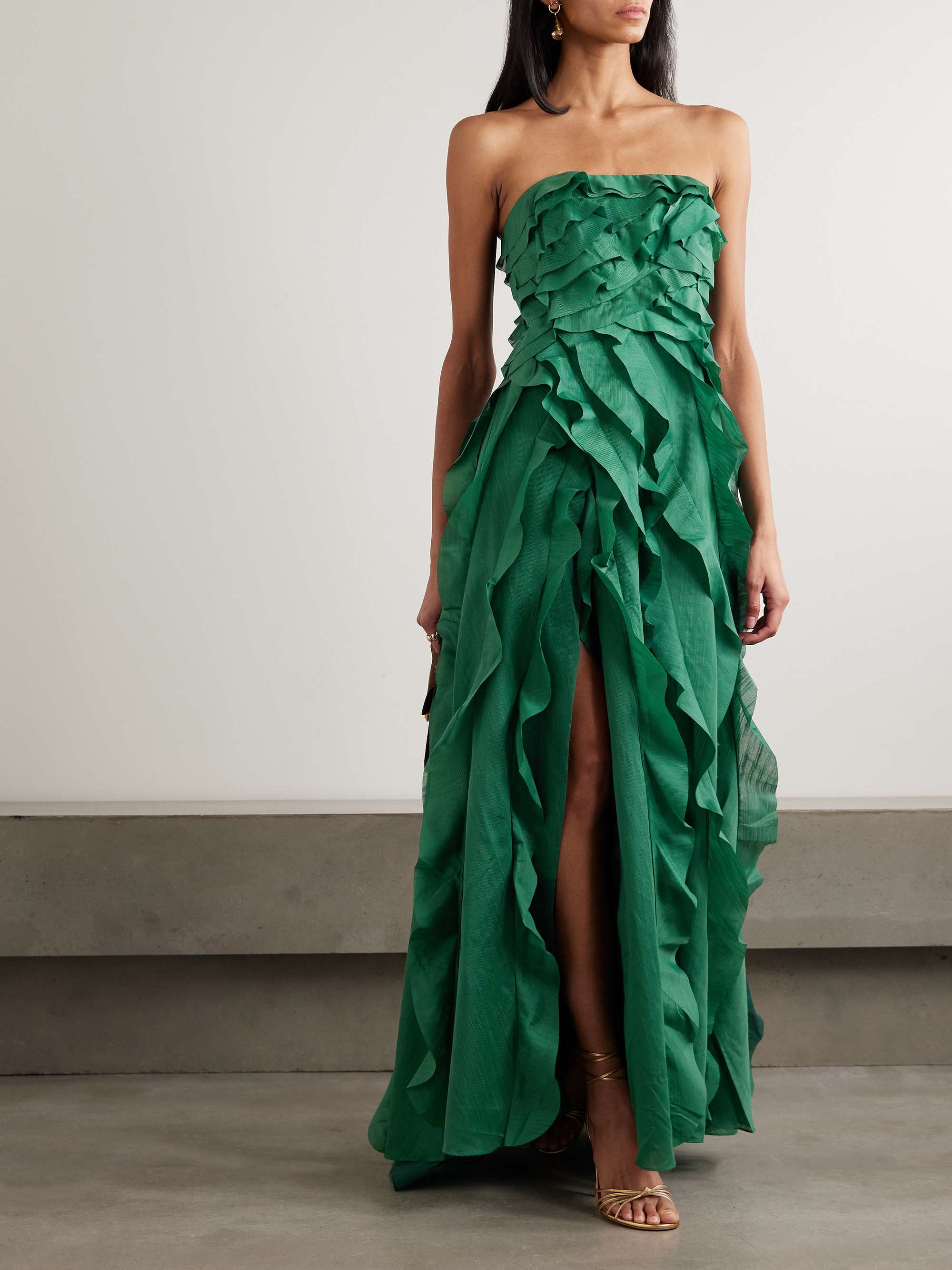 Allairie Strapless Ruffled Shirred Faille Gown