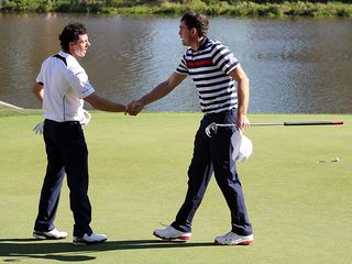 Keegan Bradley shaking hands with Rory McIlroy at the 2012 Ryder Cup