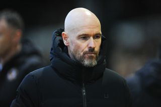 Manchester United's manager Erik Ten Hag prior to kick off during the Emirates FA Cup Fourth Round match between Newport County and Manchester United at Rodney Parade on January 28, 2024 in Newport, Wales.