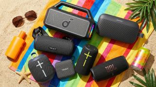 a composite image of the Soundcore Boom 2, Bose Soundlink Flex (2nd Gen), Tribit Stormbox Lava, Tribit PocketGo, Ultimate Ears Wonderboom 4, Ultimate Ears Everboom, Jbl Charge 6 Bluetooth speakers created using AI