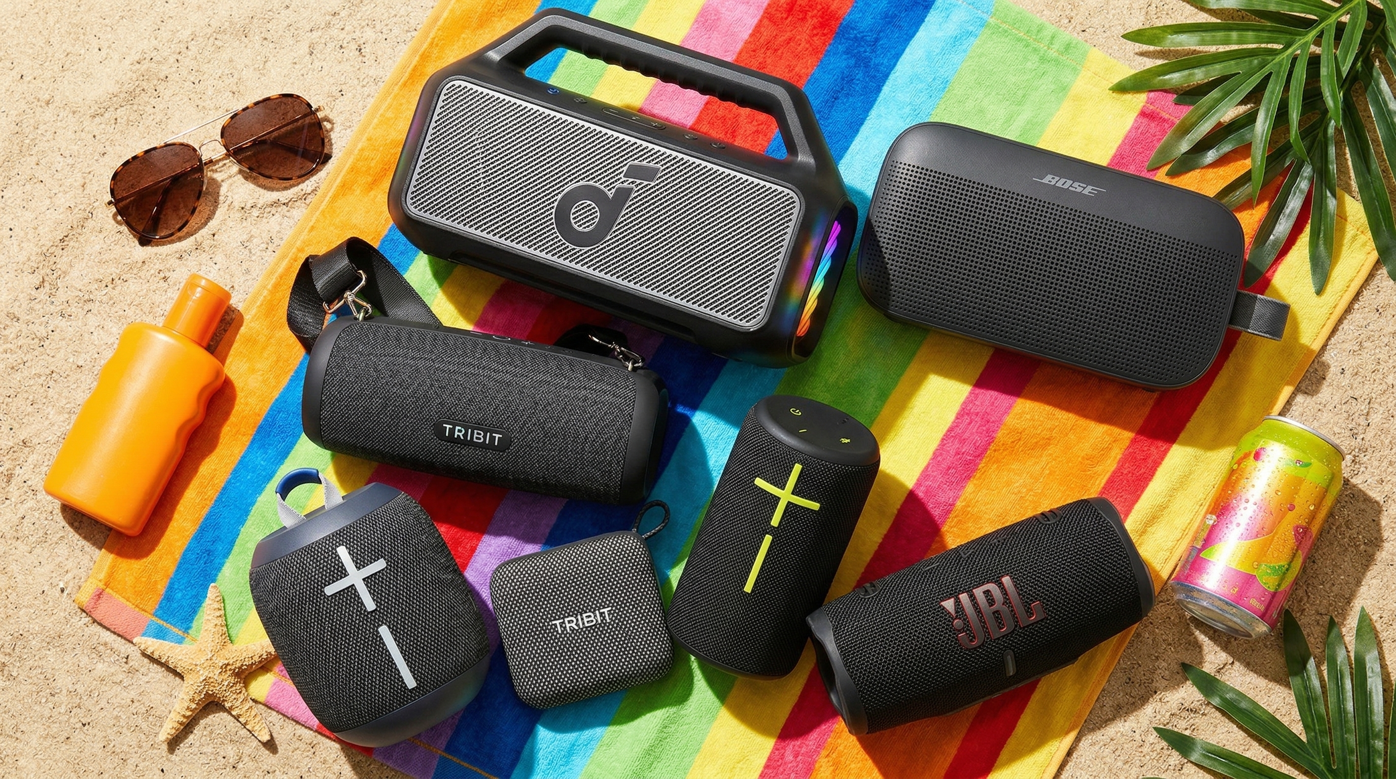 a composite image of the Soundcore Boom 2, Bose Soundlink Flex (2nd Gen), Tribit Stormbox Lava, Tribit PocketGo, Ultimate Ears Wonderboom 4, Ultimate Ears Everboom, Jbl Charge 6 Bluetooth speakers created using AI